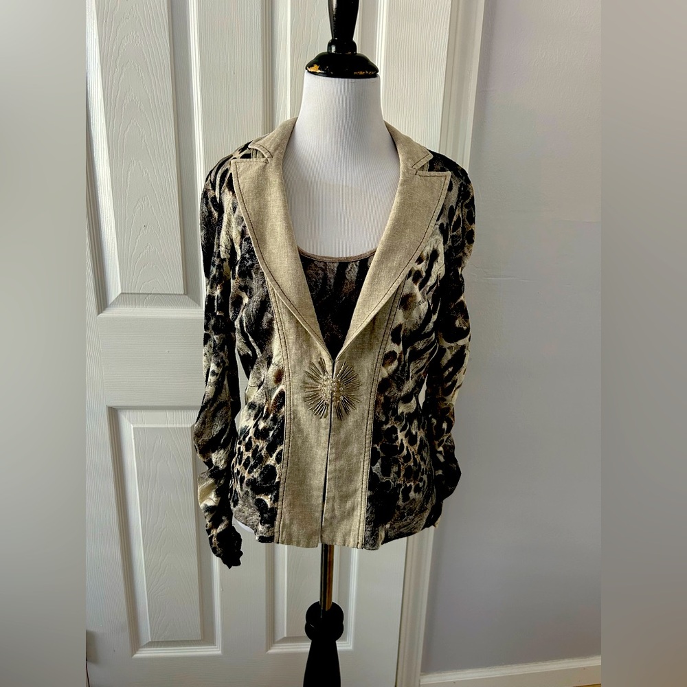 Alberto Makali Beige & Black Blazer & Tank Set with Abstract Print Linen Blend